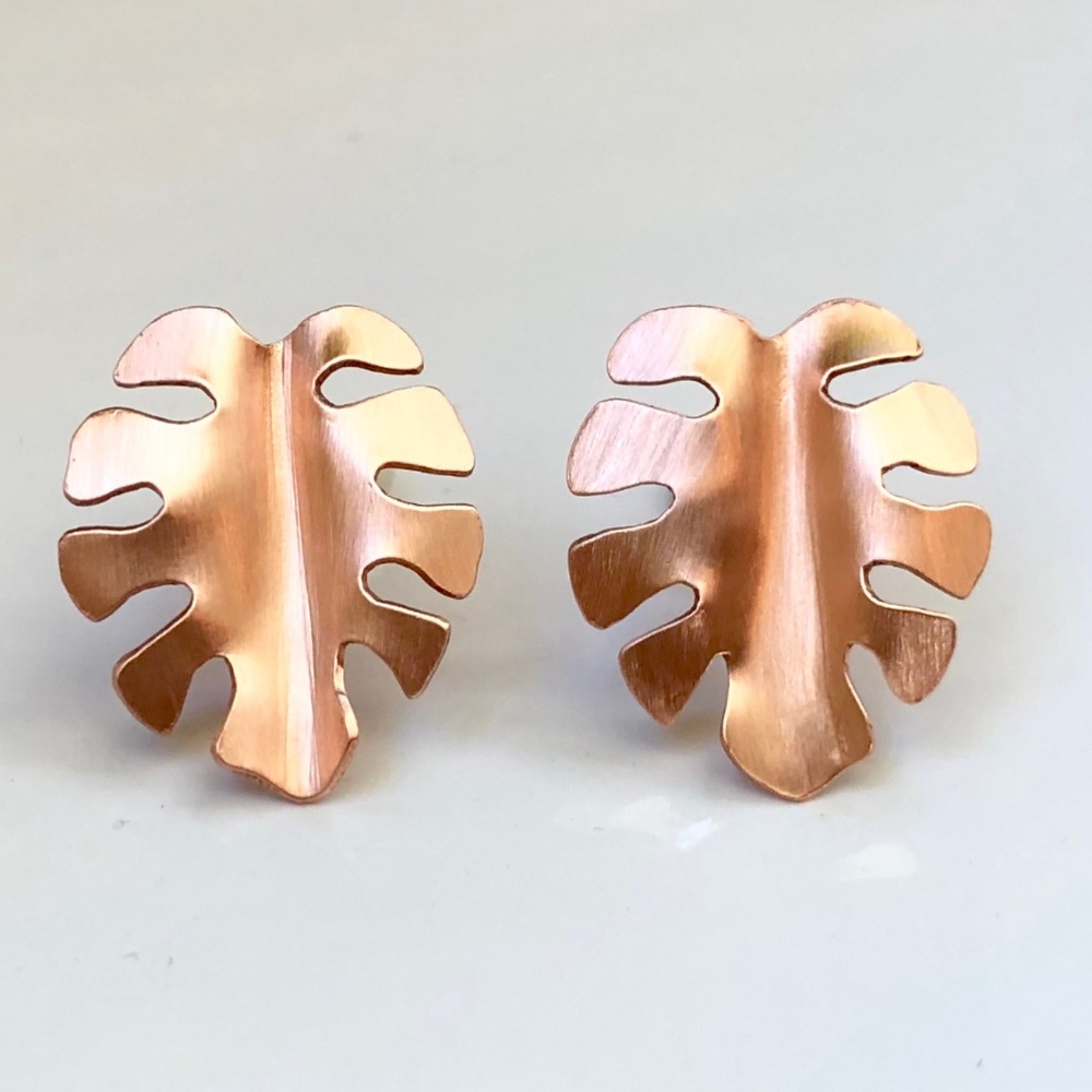Monstera Stud Earrings - Copper/Silver Posts